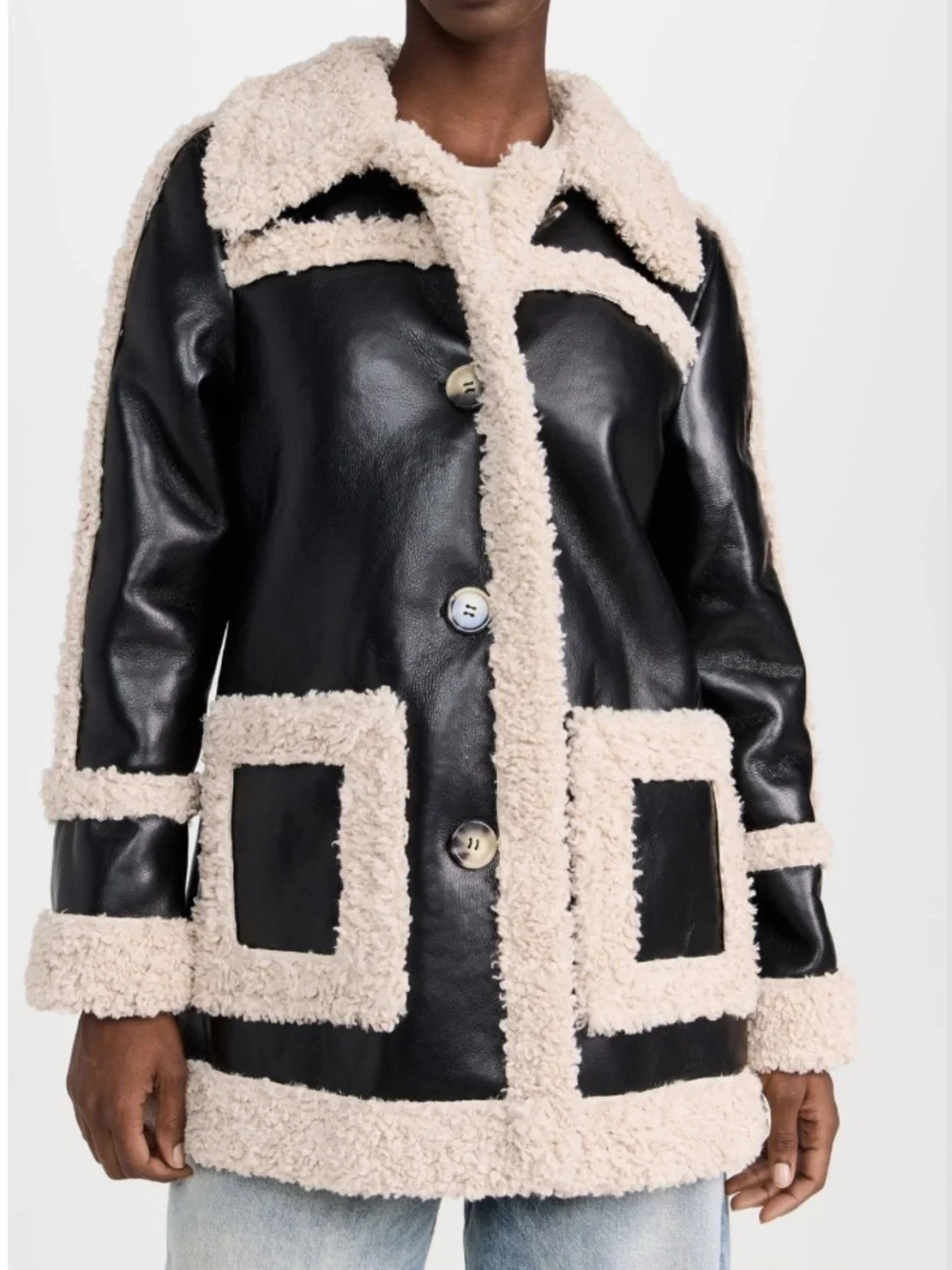 7 For All Mankind Faux Shearling Black Cream Faux Leather Longline Jacket NEW - Picture 6 of 11